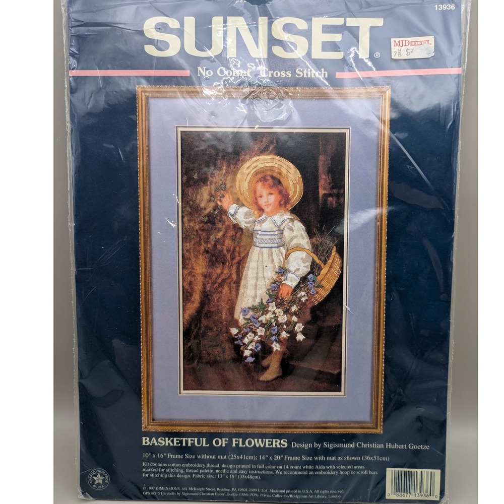 Vintage‎ Sunset Stamped Cross Stitch "Basketful of Flowers" 1997 Sealed 10"x16"